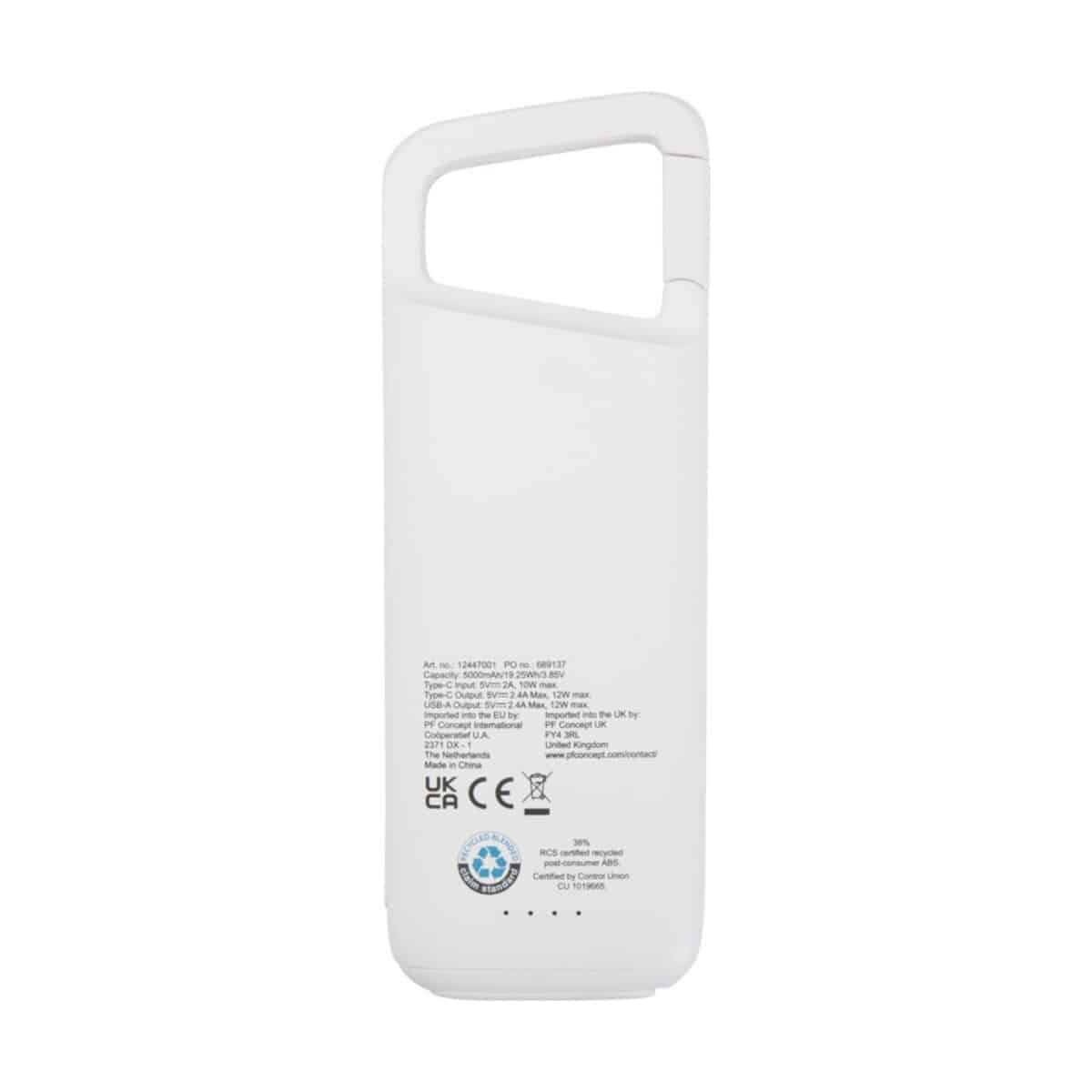 Eko Alkes wodoodporny powerbank z karabińczykiem o pojemności 5000 mAh i mocy 12 W, wykonany z tworzyw sztucznych pochodzących z recyklingu 12447001_b1