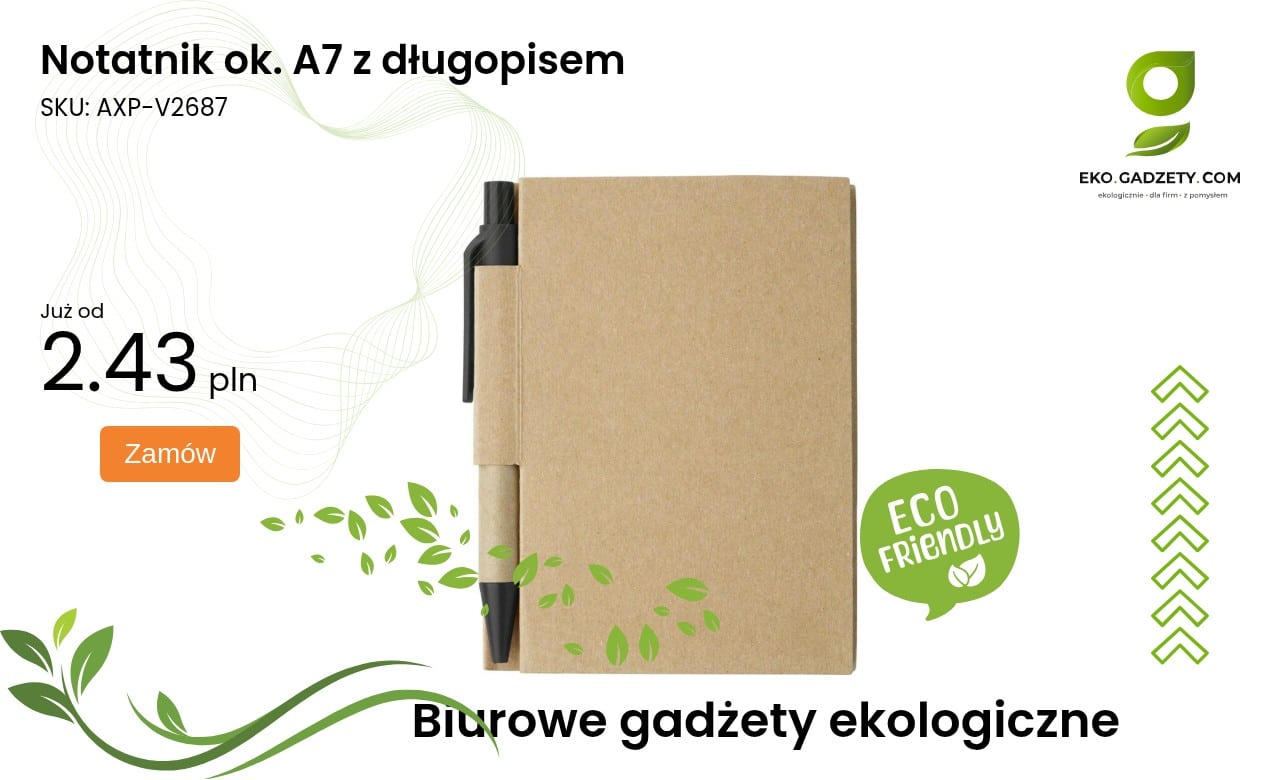 Notatnik ok. A7 z długopisem Notatnik rozmiaru A7 z dołączonym długopisem